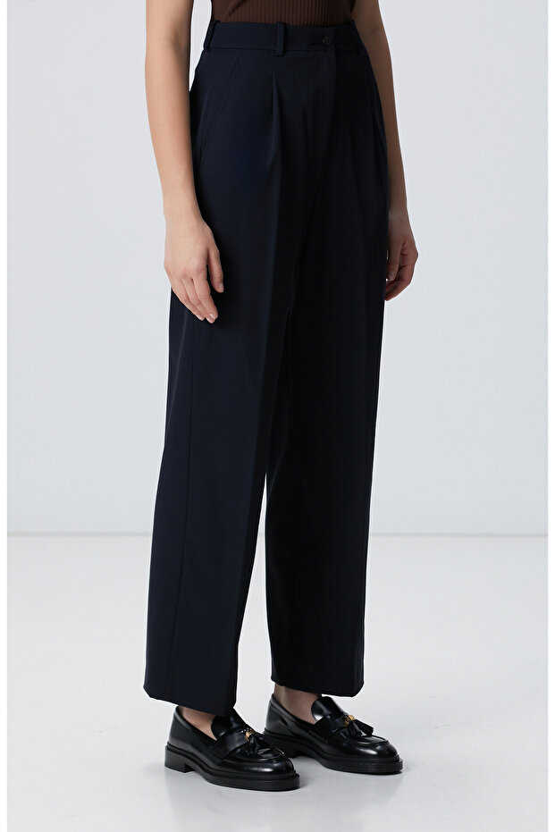 Lacivert Geniş Paça Basic Pantolon - 4