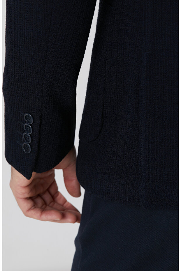 Lacivert Yün Karışımlı Örme Ceket - 7