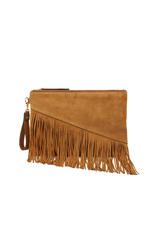 Taba Püsküllü Kadın Süet Clutch - 1