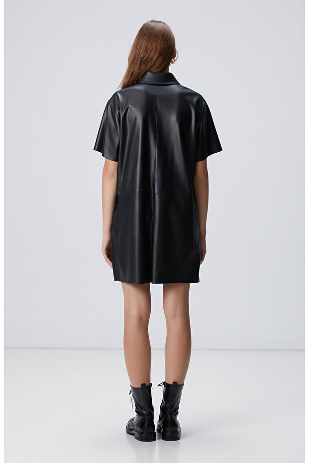 Siyah Mini Vegan Deri Elbise - 6