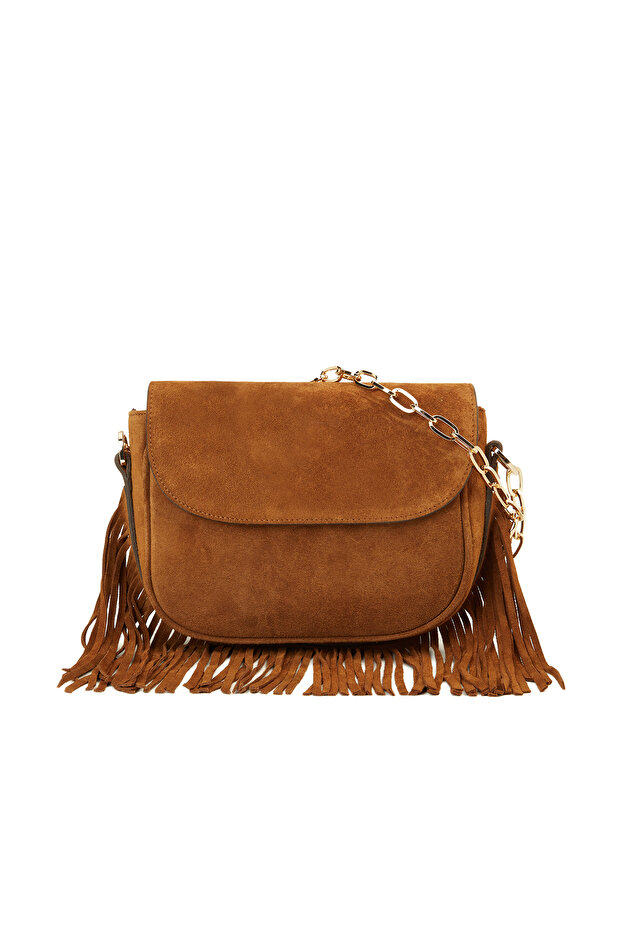 Taba Püsküllü Kadın Süet Çanta - 1