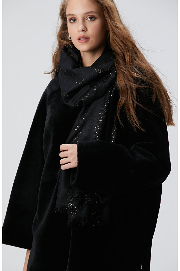 Siyah Yün Karışımlı Kadın Fular - 4