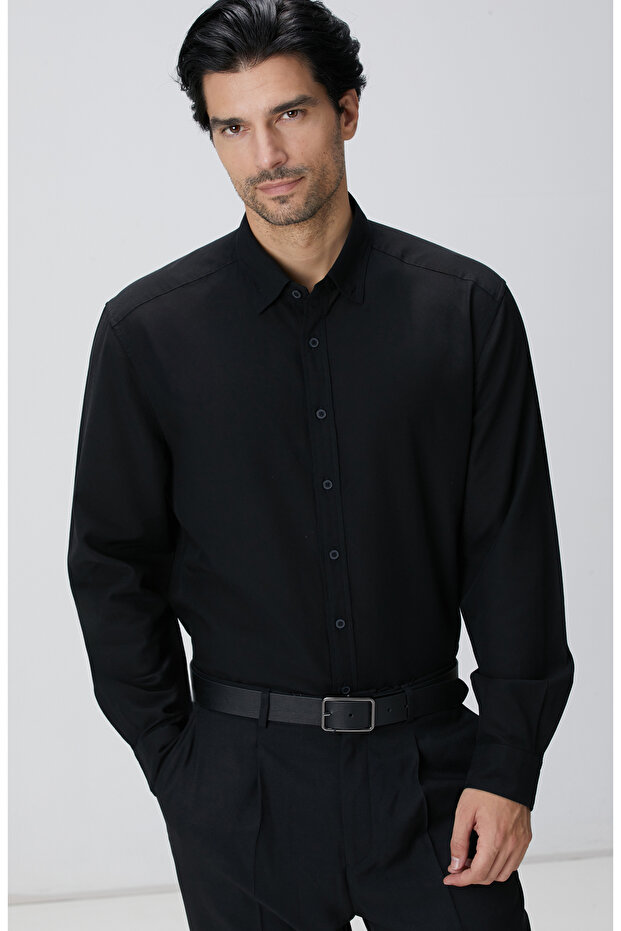 Siyah Yün Karışımlı Gömlek - 2