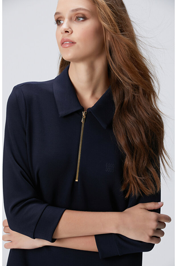 Lacivert Polo Örme Elbise - 4