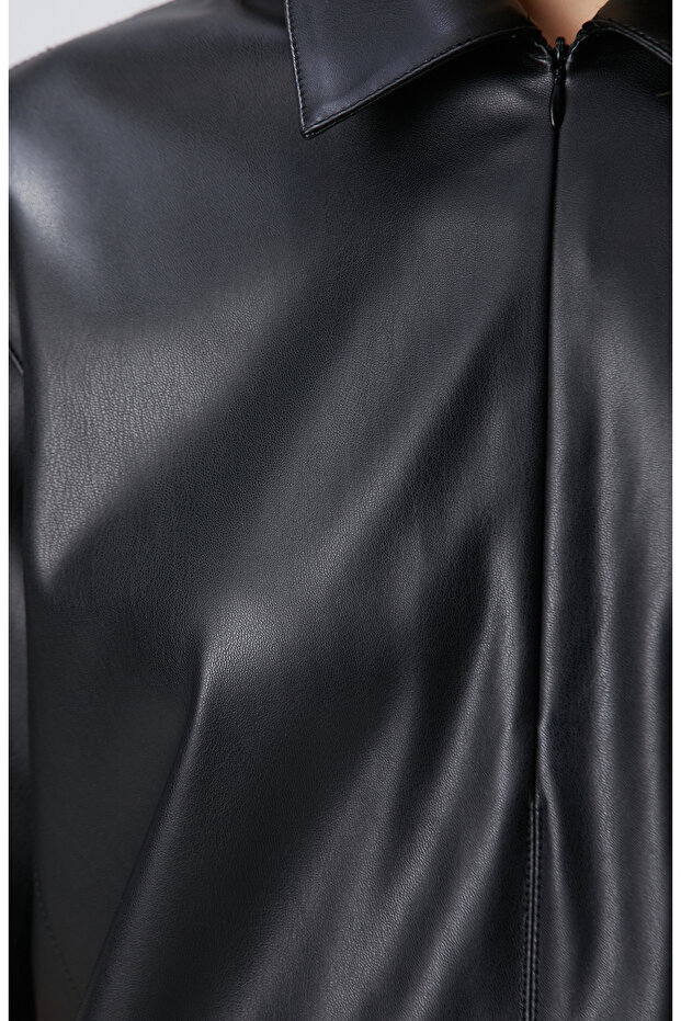 Siyah Mini Vegan Deri Elbise - 7