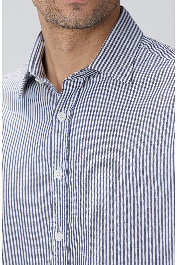 Indigo Çizgi Desenli Gömlek - 6
