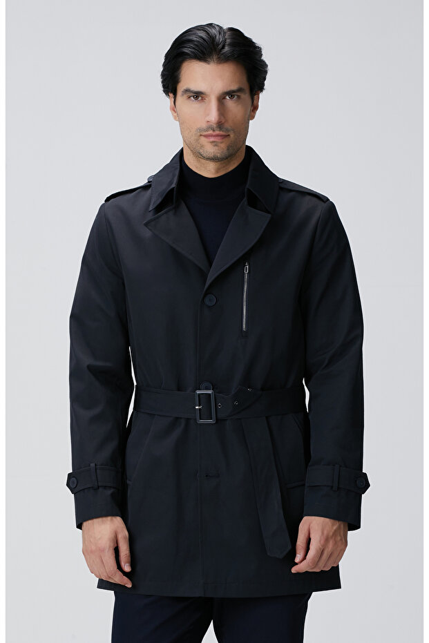 Lacivert Kuşaklı Pardösü - 1