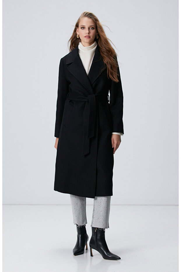 Siyah Kaşmir Ve Yün Karışımlı Palto - 3