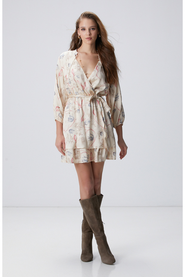 Açık Bej Desenli Mini Elbise - 2