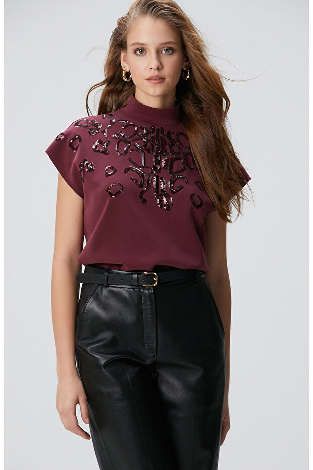 Bordo Payet İşlemeli T-shirt - 1