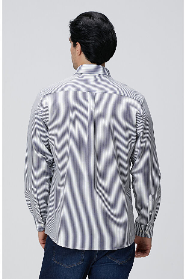 Indigo Çizgi Desenli Gömlek - 5