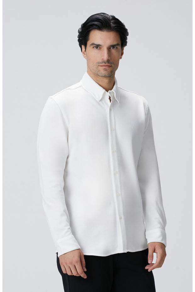 Kırık Beyaz Uzun Kollu Örme Gömlek - 1