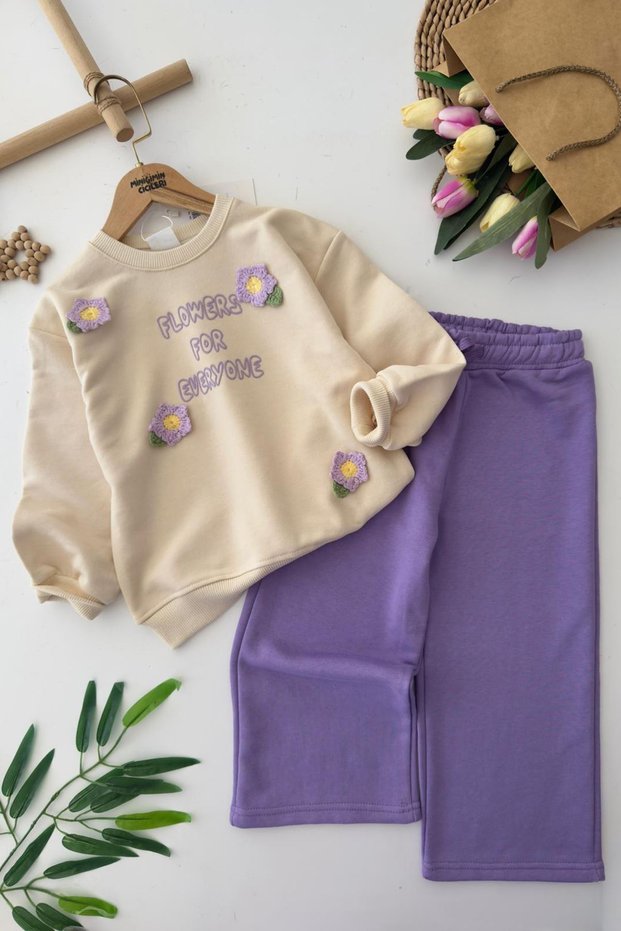 My Little One's Cicileri Floral Knit Detailed Flower Print Girls' 2-Piece Set - Purple
