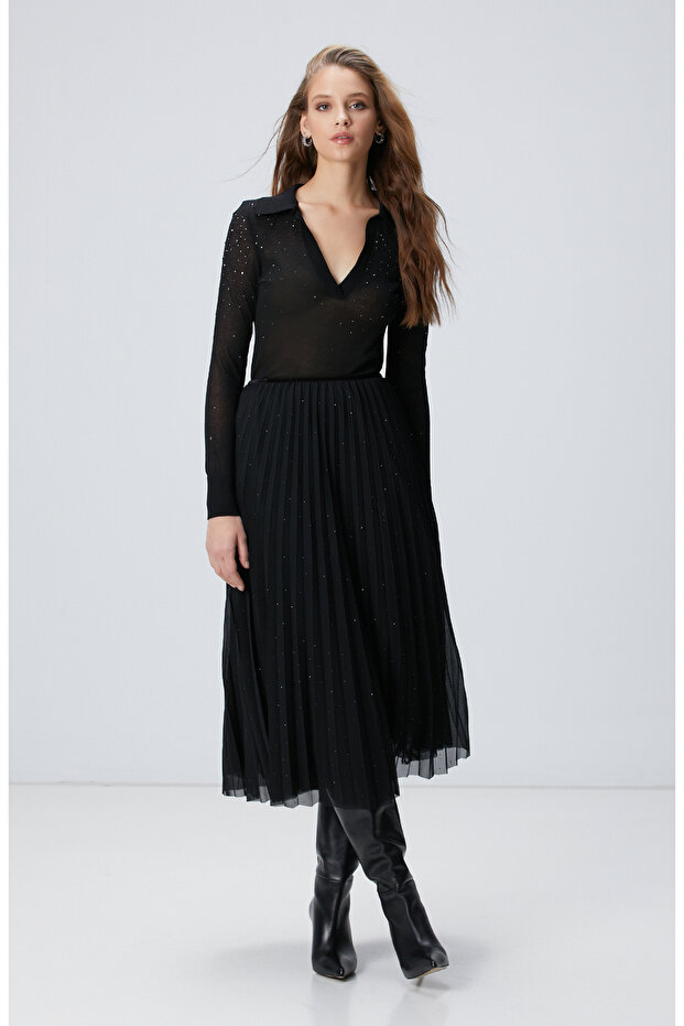 Siyah Payetli Tül Midi Etek - 2