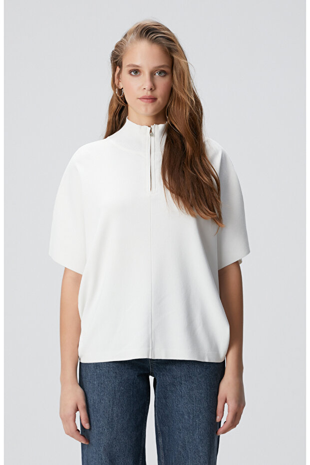 Kırık Beyaz Bol Form Basic Triko Kazak - 5