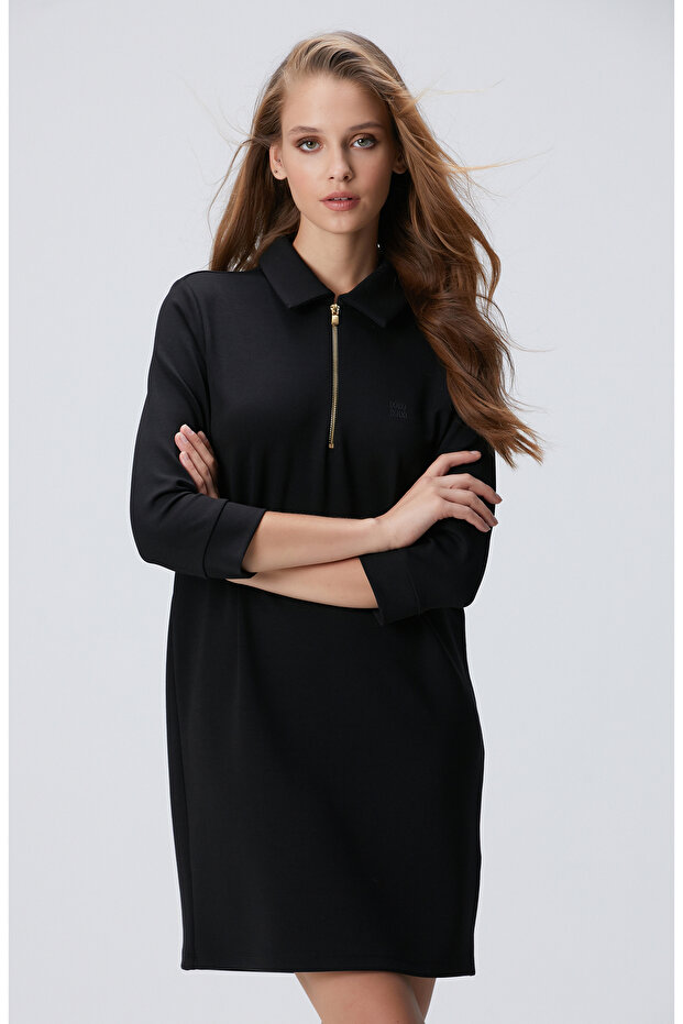 Siyah Polo Örme Elbise - 1
