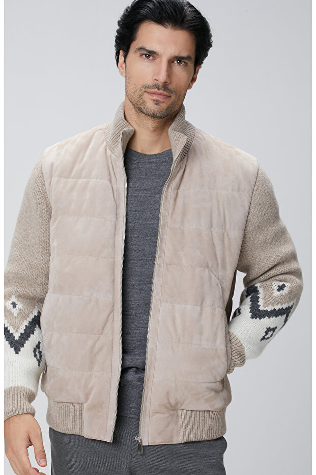 Bej Triko Detaylı Deri Mont - 1