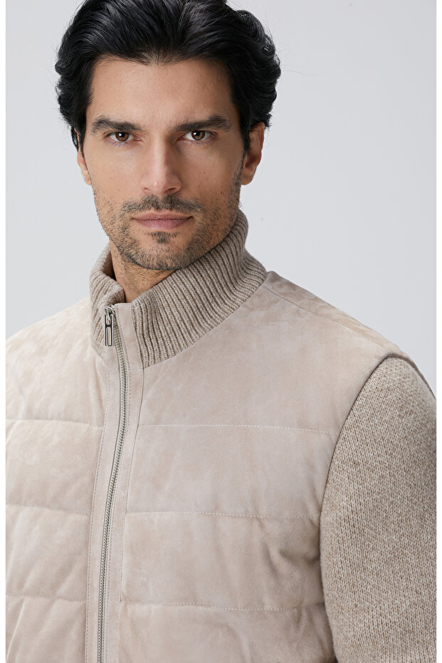 Bej Triko Detaylı Deri Mont - 7