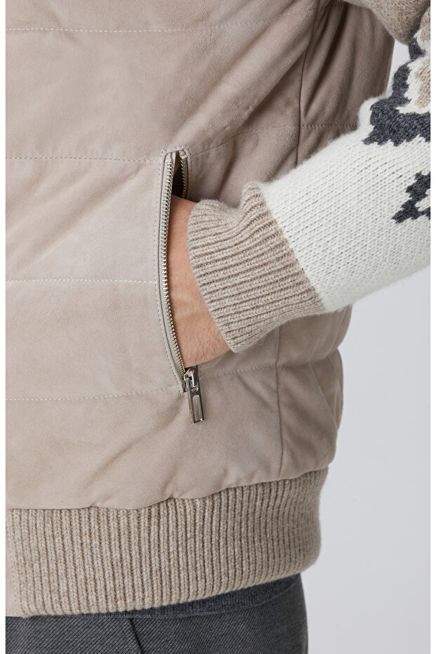 Bej Triko Detaylı Deri Mont - 8