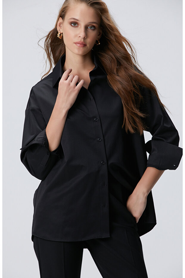 Siyah Roba Dikiş Detaylı Oversized Gömlek - 4