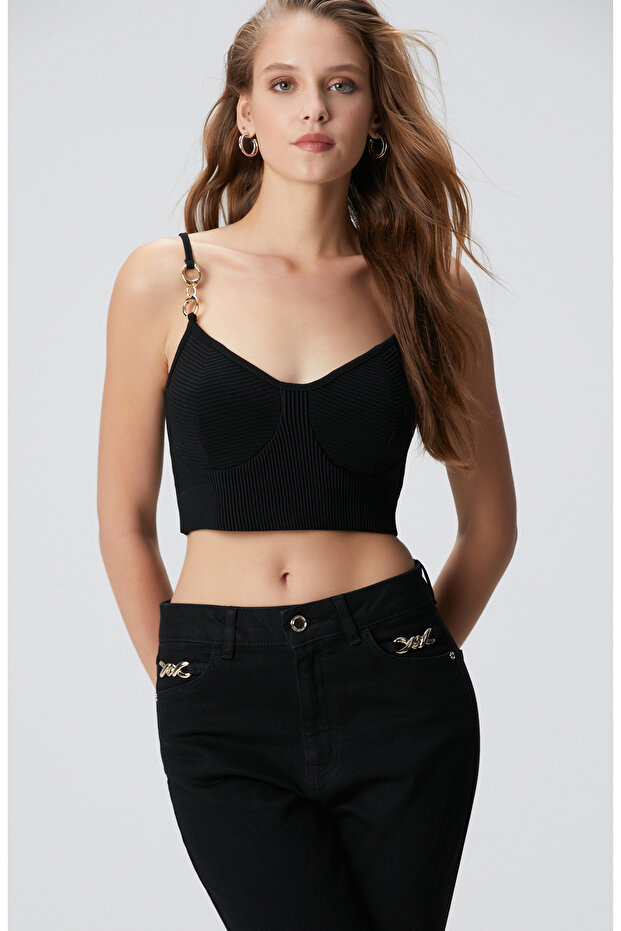 Siyah Aksesuarlı Triko Büstiyer - 1