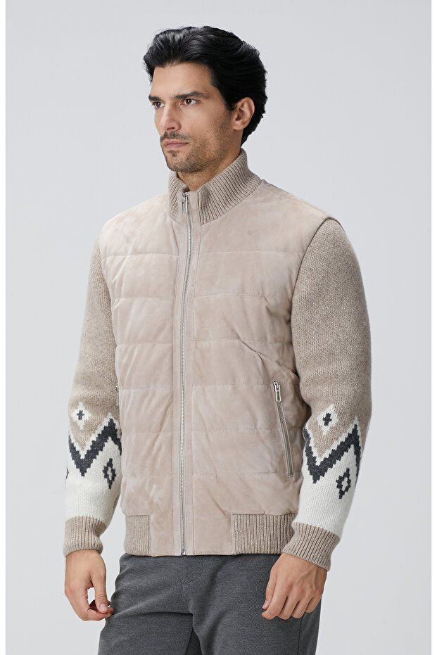 Bej Triko Detaylı Deri Mont - 5