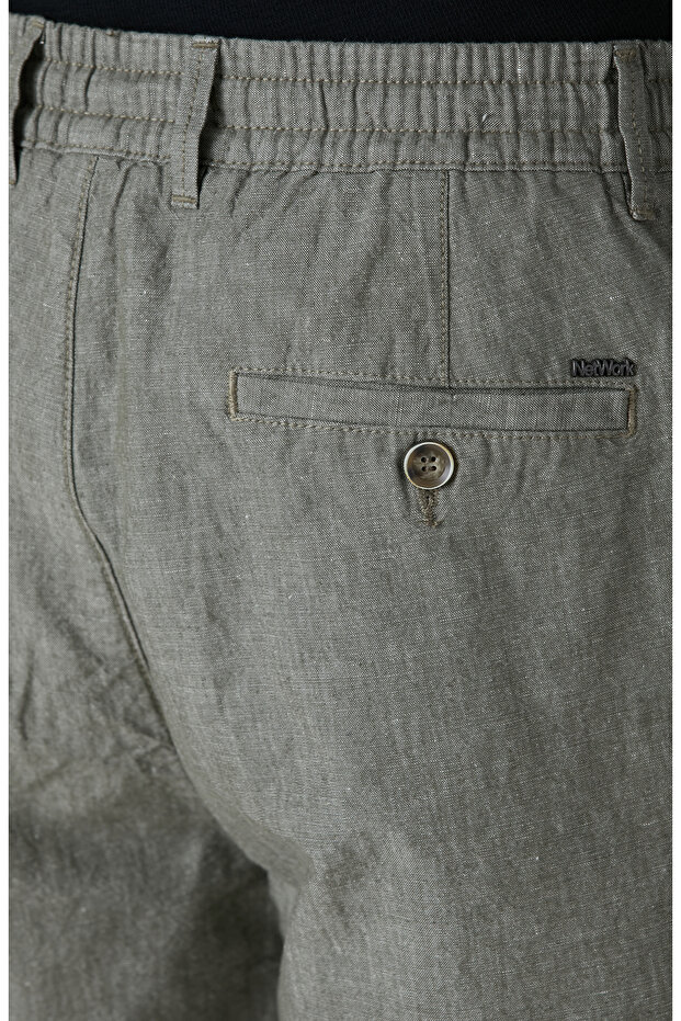 Haki Keten Karışımlı Şort - 5