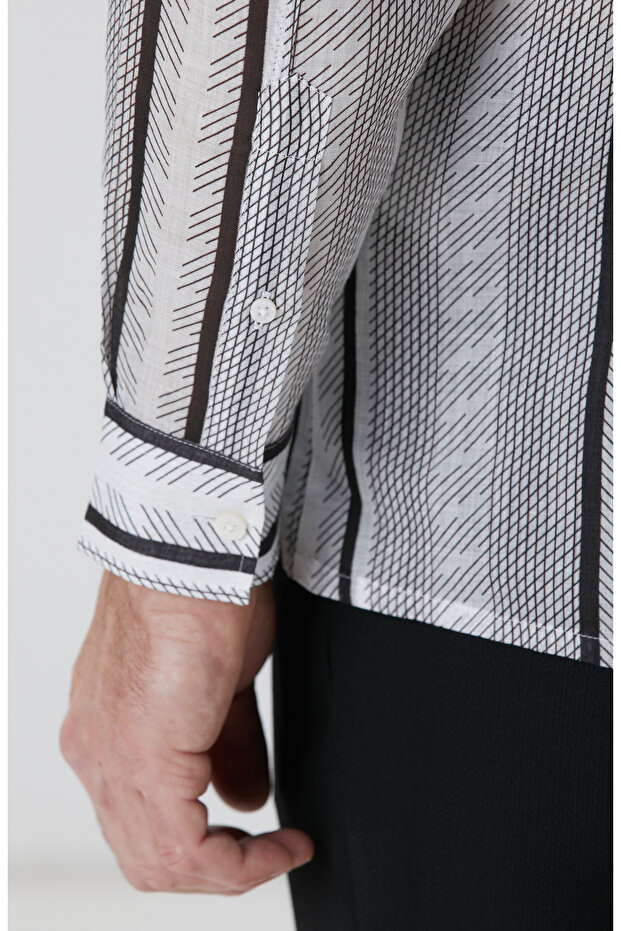 Siyah Beyaz Keten Gömlek - 7