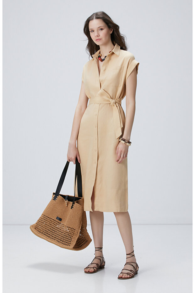 Bej Keten Midi Elbise - 3