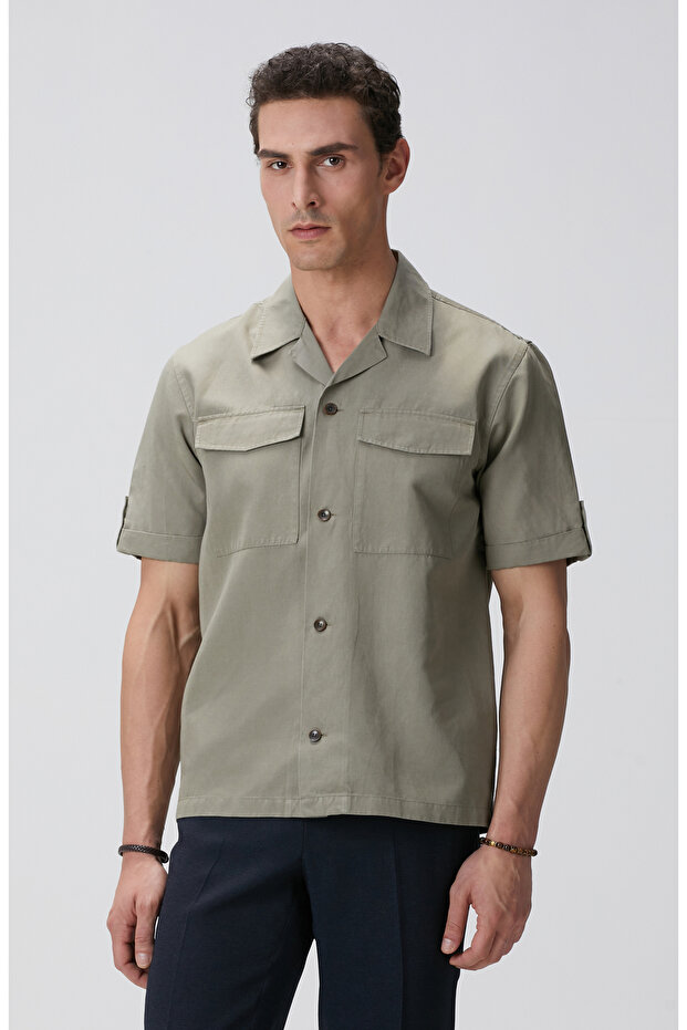 Haki Keten Karışımlı Gömlek - 1