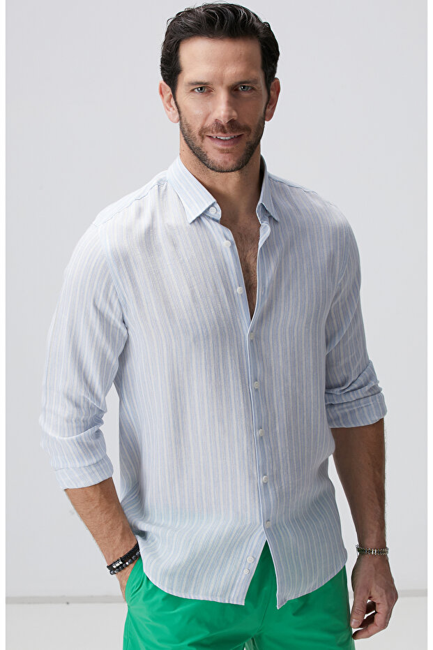 Mavi Beyaz Çizgili Gömlek - 4