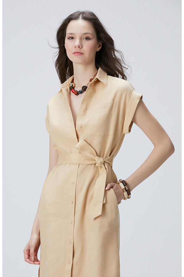 Bej Keten Midi Elbise - 5