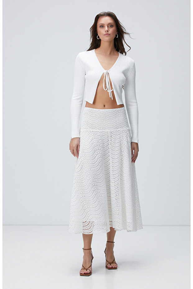 Beyaz Güpürlü Midi Etek - 1