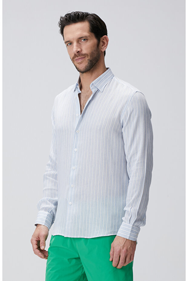 Mavi Beyaz Çizgili Gömlek - 5