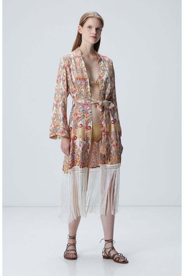 Bej Püsküllü Desenli Kaftan - 3