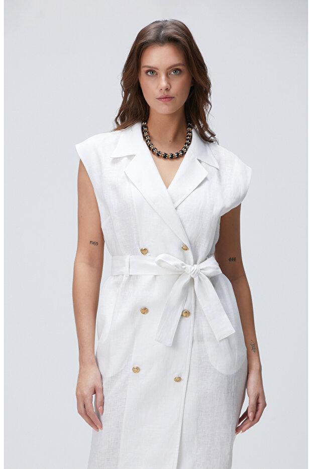 Beyaz Keten Elbise - 5