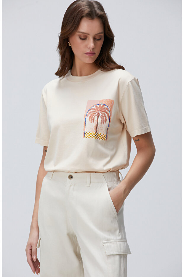 Bej Baskılı T-shirt - 1