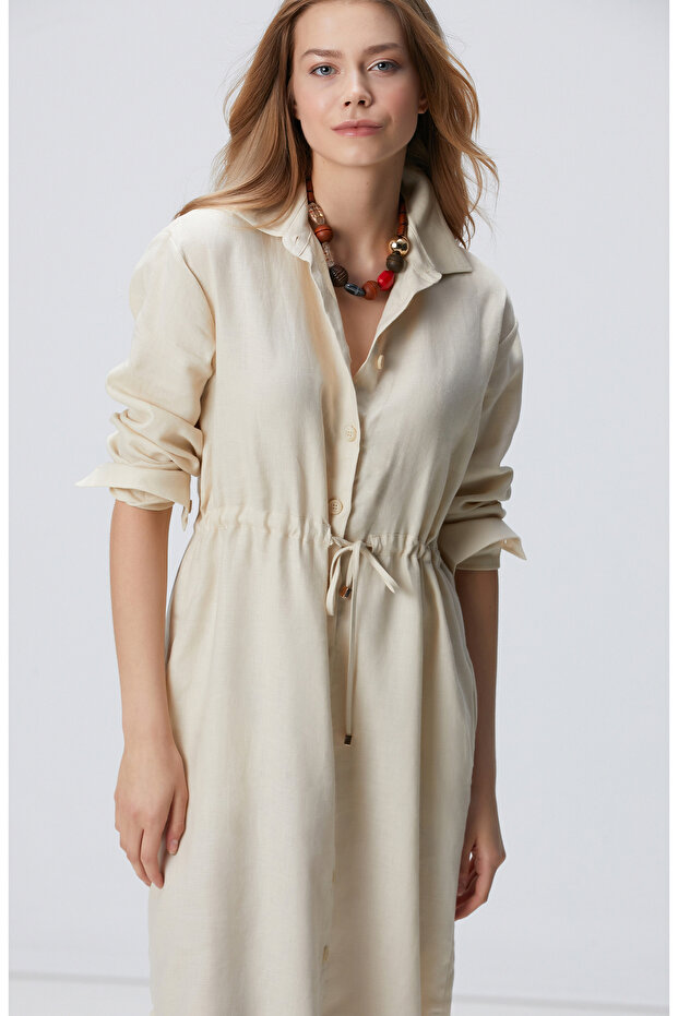 Bej Keten Gömlek Elbise - 1