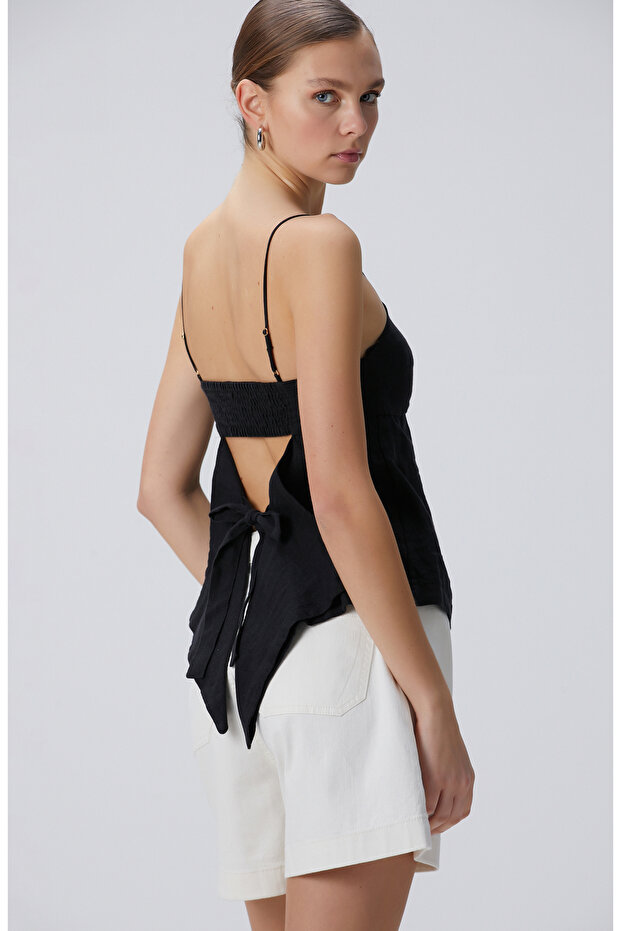 Siyah Keten Plaj Bluz - 1