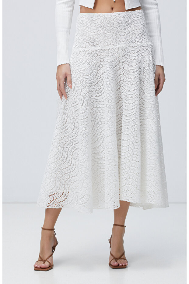 Beyaz Güpürlü Midi Etek - 2
