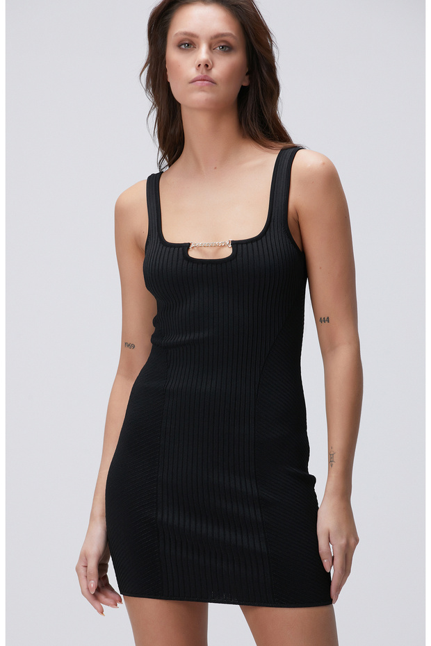 Siyah Mini Triko Elbise - 2