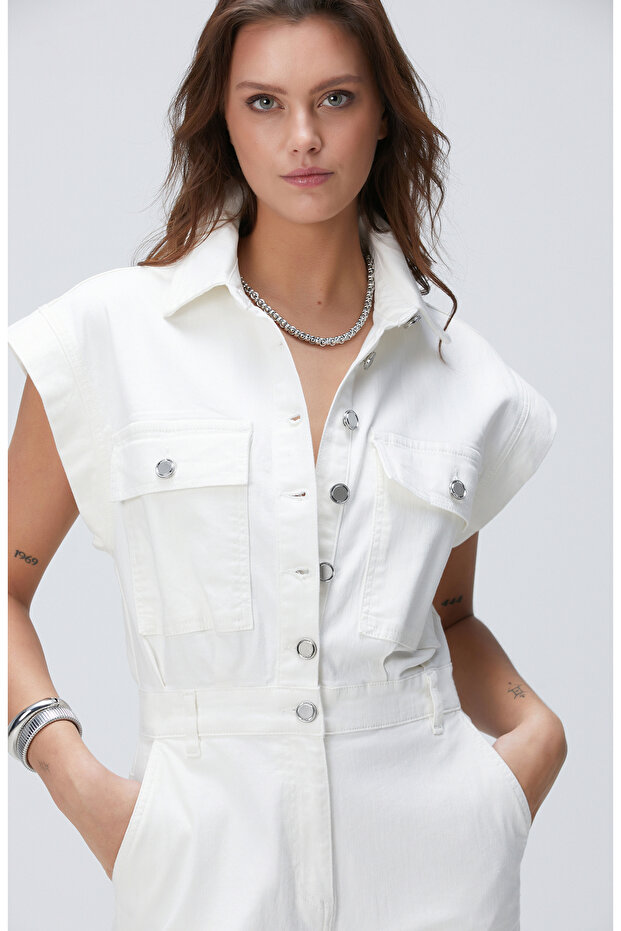 Kırık Beyaz Denim Tulum - 3