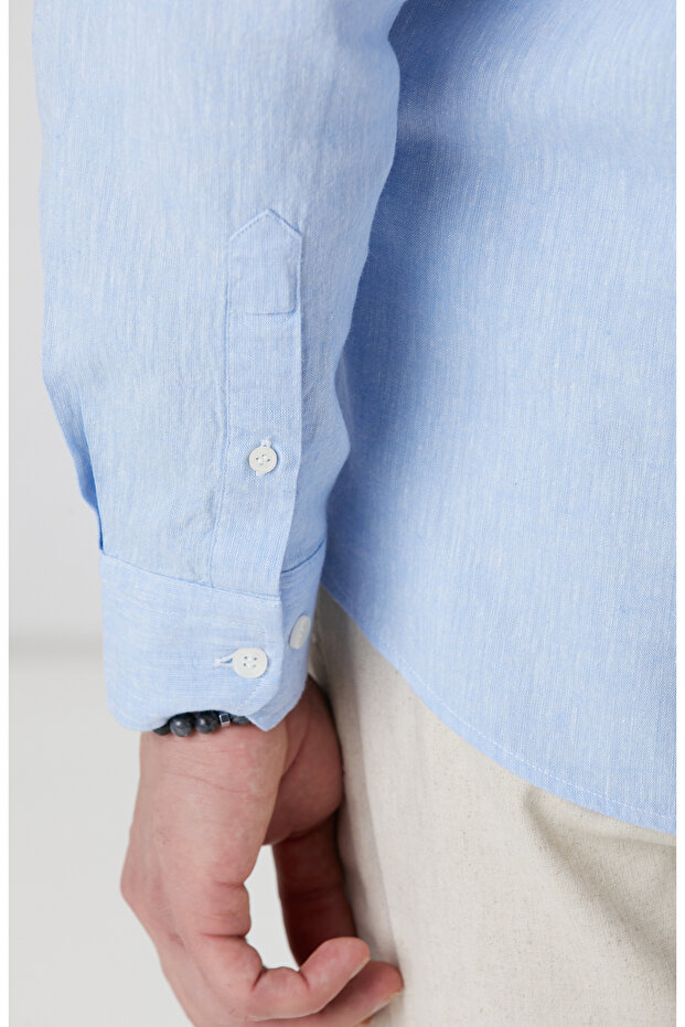 Açık Mavi Keten Gömlek - 7