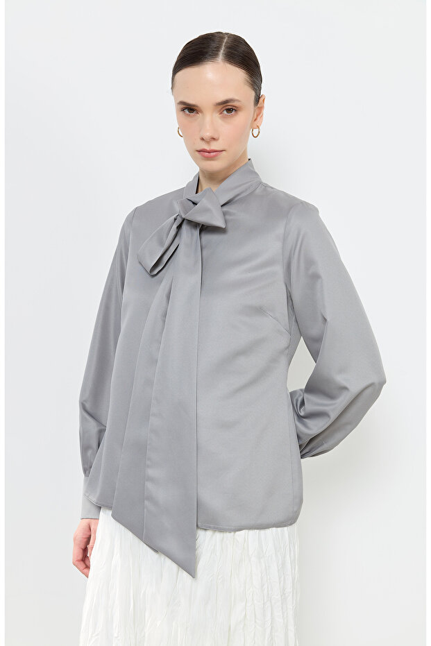 Fiyonklu Basic Gömlek Gri - 3