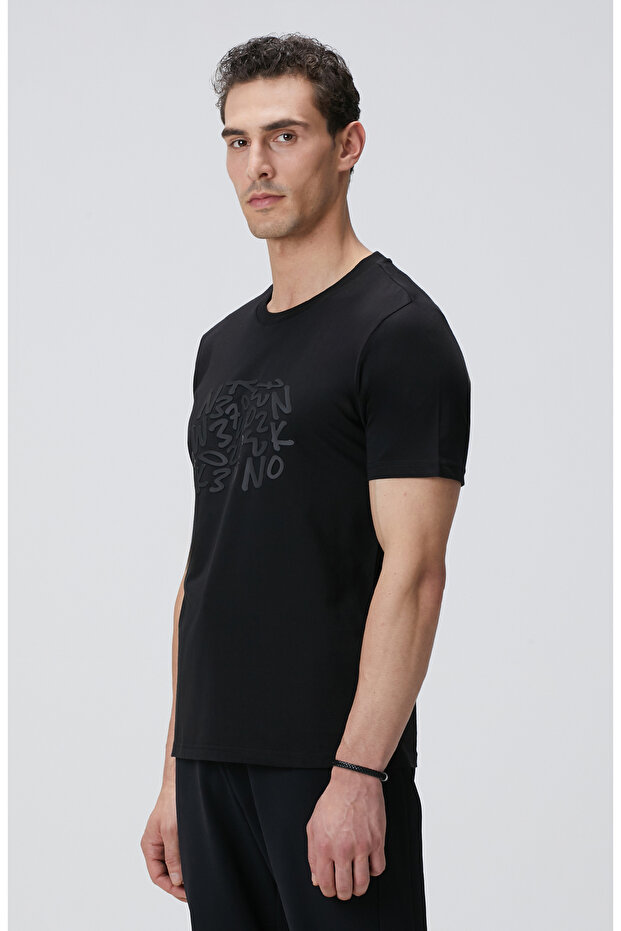 Siyah Network Baskılı Örme T-shirt - 4
