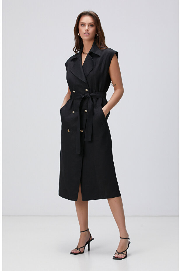 Siyah Maxi Keten Elbise - 1