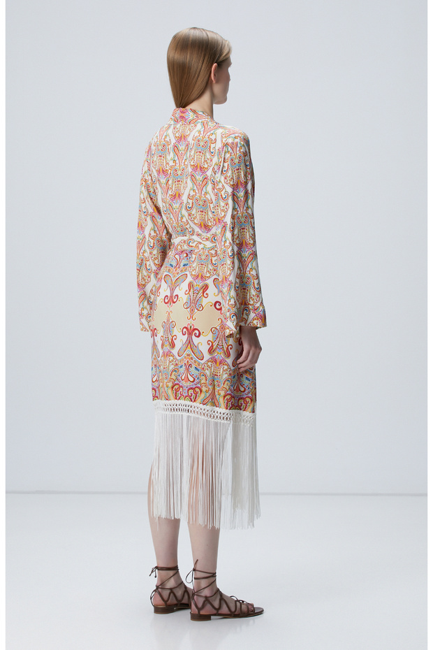 Bej Püsküllü Desenli Kaftan - 5
