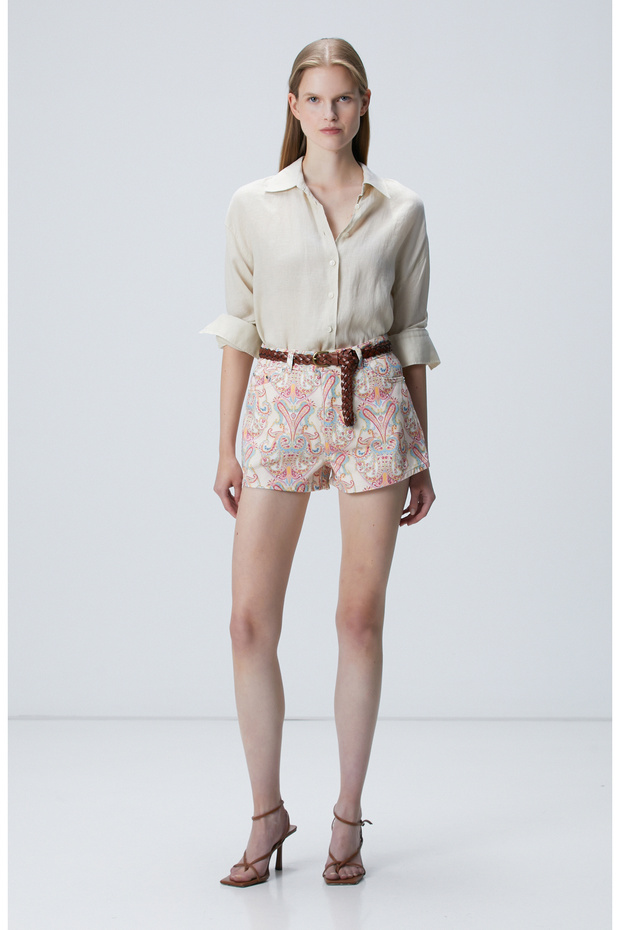 Bej Desenli Denim Şort - 1