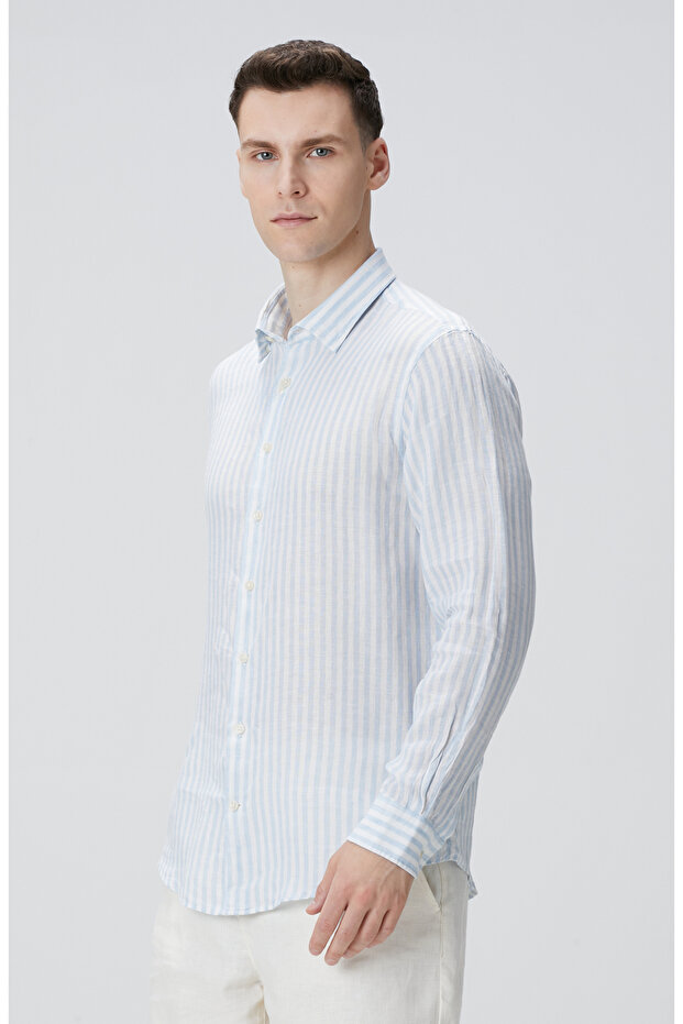 Mavi Beyaz Keten Gömlek - 4