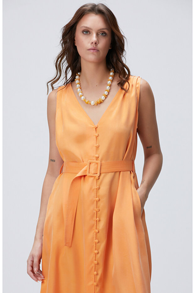 Turuncu Midi Elbise - 1